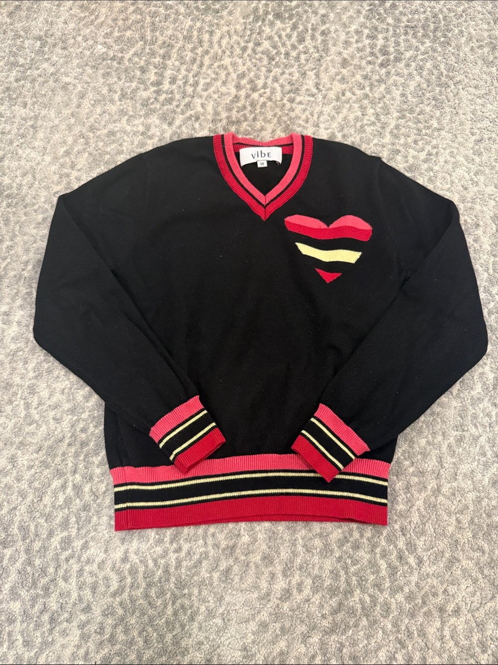 Vibe Black V-Neck Sweater with Red and Yellow Heart Stripe